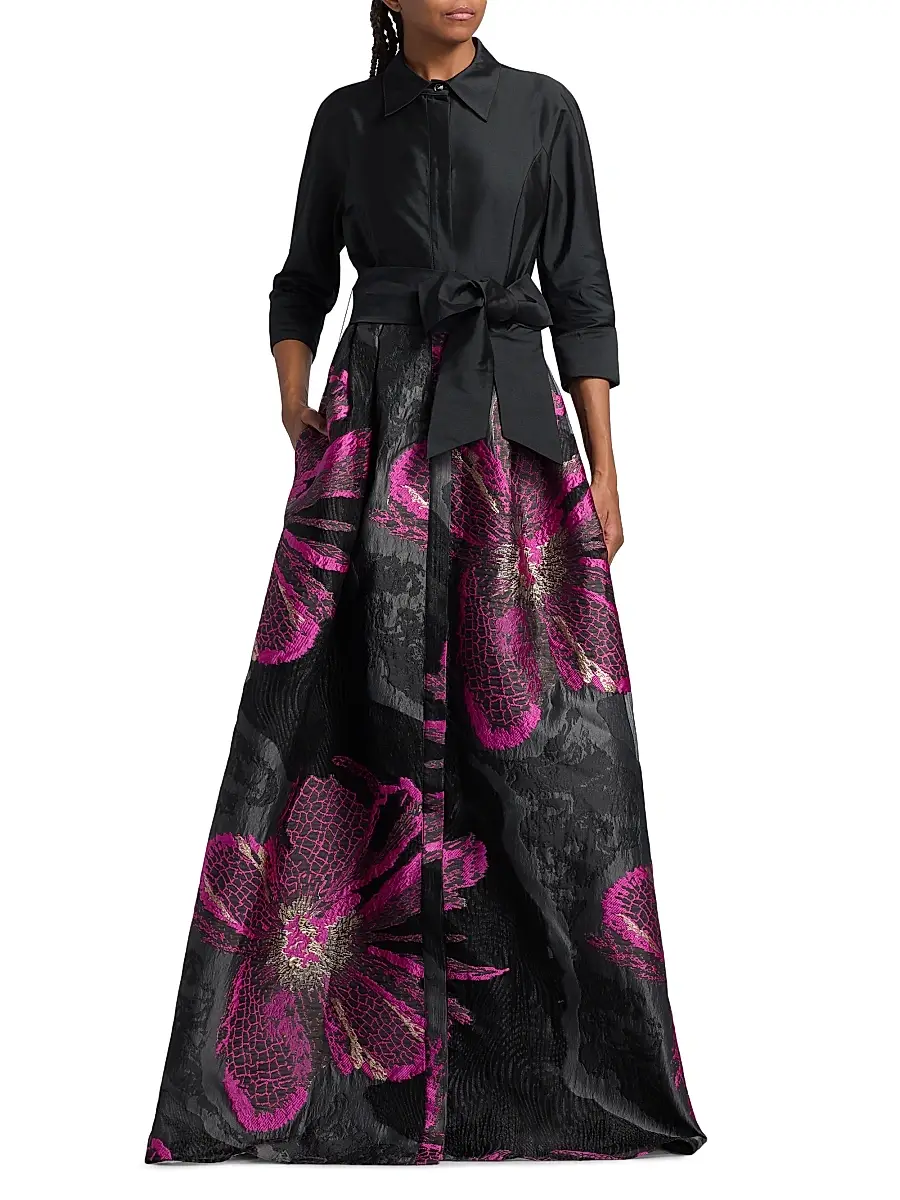 Teri Jon by Rickie Freeman Women's Metallic Floral Jacquard Gown - Black Magenta | Thumbnail 3 Teri Jon by Rickie Freeman Women's Metallic Floral Jacquard Gown - Black Magenta | Thumbnail 3