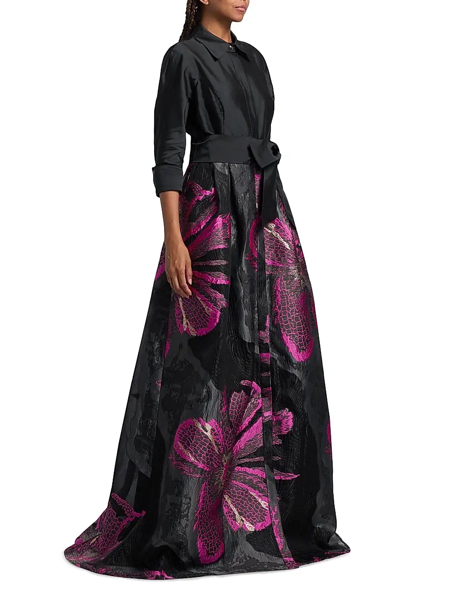 Teri Jon by Rickie Freeman Women's Metallic Floral Jacquard Gown - Black Magenta | Thumbnail 4 Teri Jon by Rickie Freeman Women's Metallic Floral Jacquard Gown - Black Magenta | Thumbnail 4