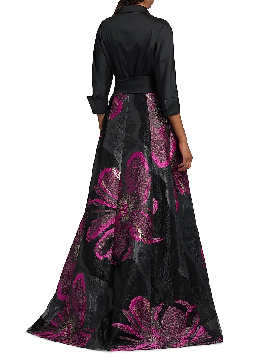 Teri Jon by Rickie Freeman Women's Metallic Floral Jacquard Gown - Black Magenta | Thumbnail 5 Teri Jon by Rickie Freeman Women's Metallic Floral Jacquard Gown - Black Magenta | Thumbnail 5