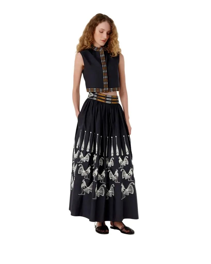 Emporio Sirenuse Ombretta Skirt with Greek Rooster Embroidery
