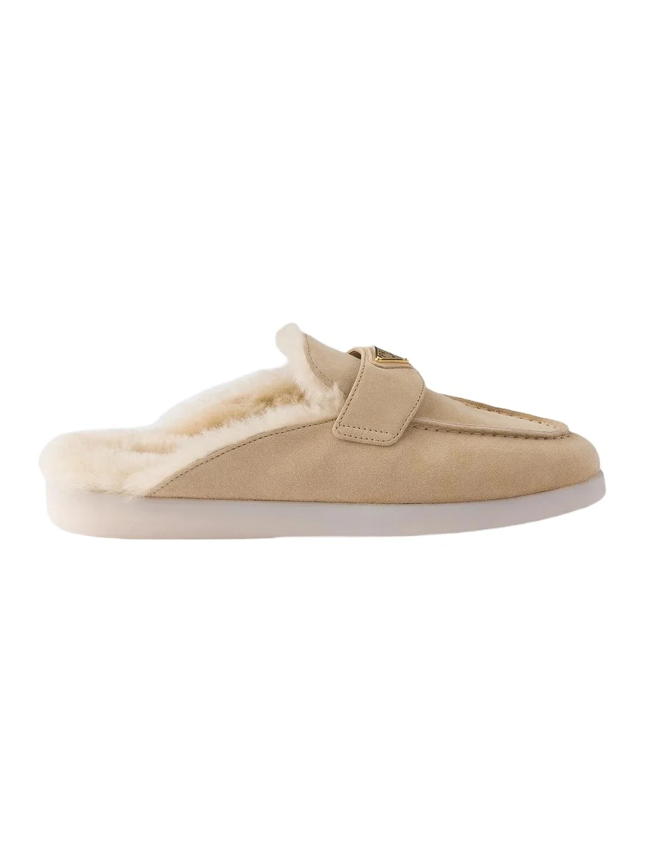 Women's Suede and Shearling Slippers - Beige Khaki Women's Suede and Shearling Slippers - Beige Khaki