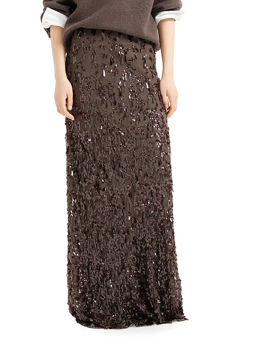 Brunello Cucinelli Women's Crispy Silk Long Mermaid Skirt with Swing Drops Embroidery - Cocoa | Thumbnail 2 Brunello Cucinelli Women's Crispy Silk Long Mermaid Skirt with Swing Drops Embroidery - Cocoa | Thumbnail 2