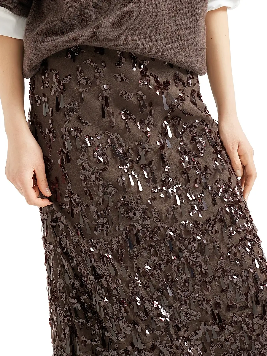 Brunello Cucinelli Women's Crispy Silk Long Mermaid Skirt with Swing Drops Embroidery - Cocoa | Thumbnail 4 Brunello Cucinelli Women's Crispy Silk Long Mermaid Skirt with Swing Drops Embroidery - Cocoa | Thumbnail 4