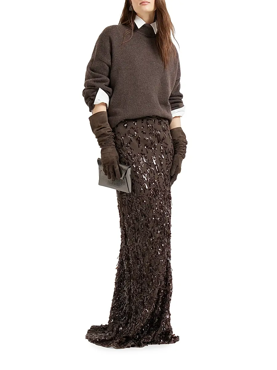 Brunello Cucinelli Women's Crispy Silk Long Mermaid Skirt with Swing Drops Embroidery - Cocoa | Thumbnail 6 Brunello Cucinelli Women's Crispy Silk Long Mermaid Skirt with Swing Drops Embroidery - Cocoa | Thumbnail 6