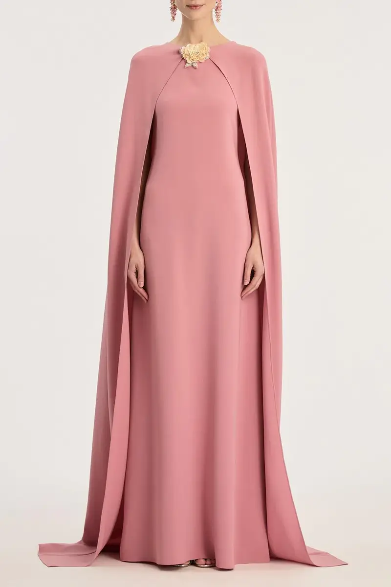 Oscar de la Renta Draped Sleeve Brooch Caftan Gown | Thumbnail 2