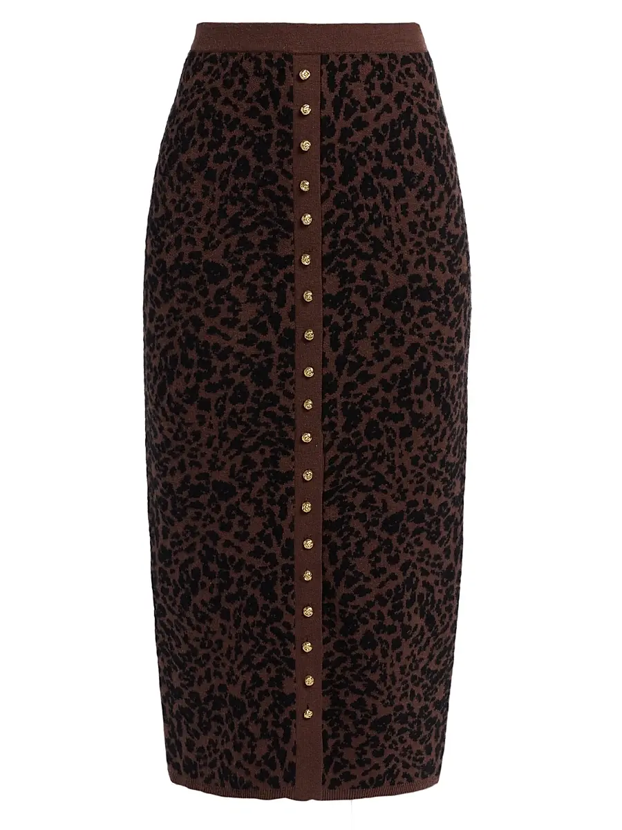 Generation Love Women's Primrose Leopard Jacquard Knit Midi-Skirt - Brown Black | Image 1 Generation Love Women's Primrose Leopard Jacquard Knit Midi-Skirt - Brown Black | Image 1