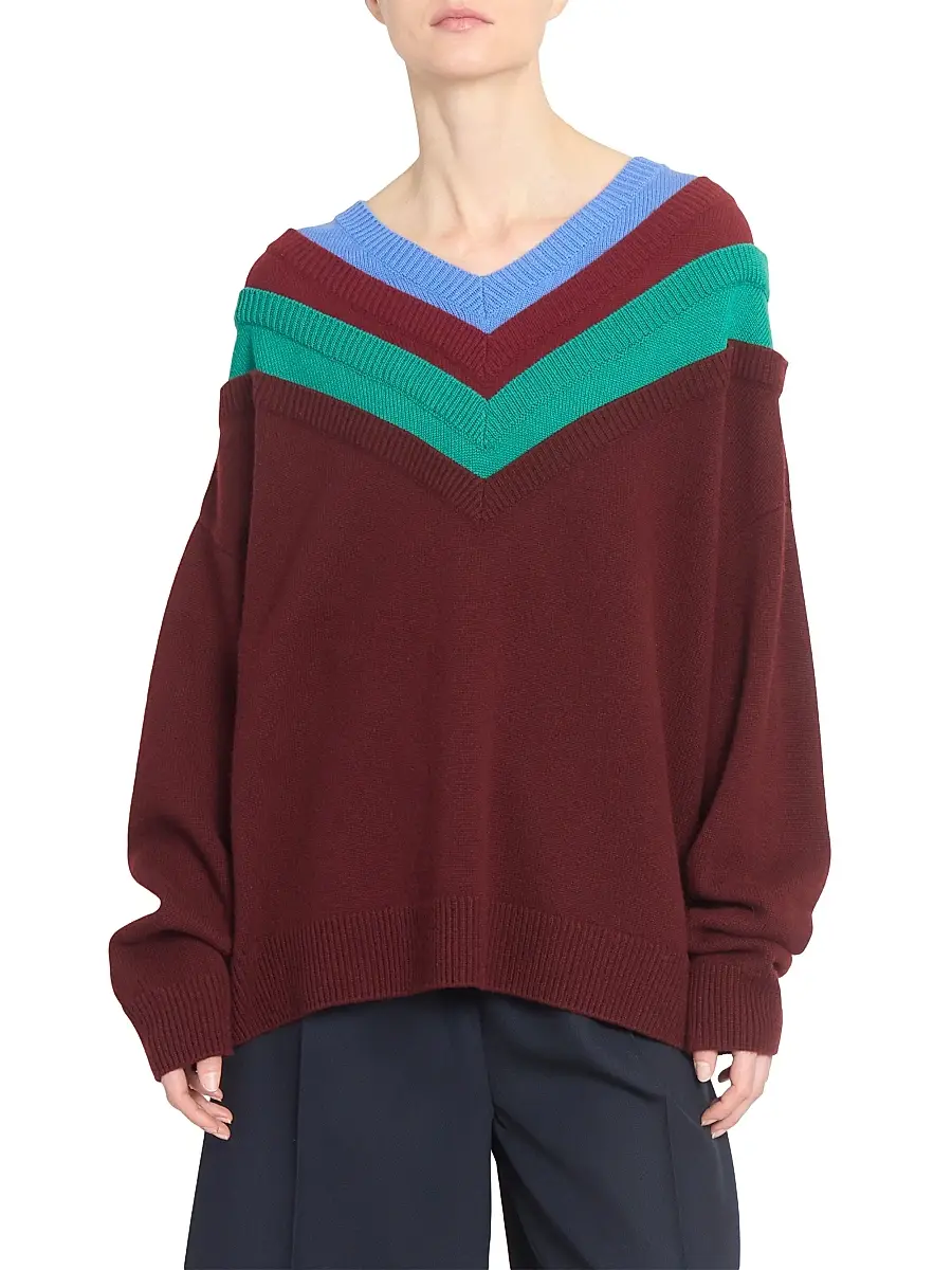 LOEWE Women's Colorblocked Wool Sweater - Green Red Multicolor | Thumbnail 3 LOEWE Women's Colorblocked Wool Sweater - Green Red Multicolor | Thumbnail 3