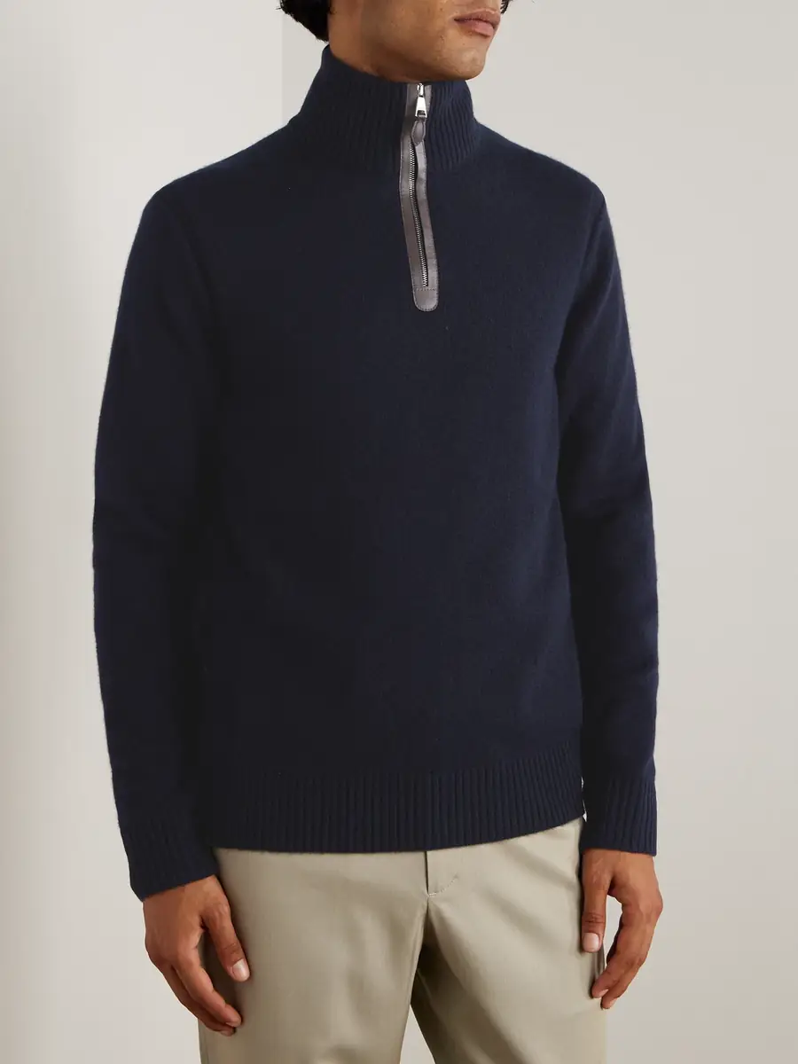 Purdey Leather-Trimmed Cashmere Half-Zip Sweater - Men | Thumbnail 3 Purdey Leather-Trimmed Cashmere Half-Zip Sweater - Men | Thumbnail 3