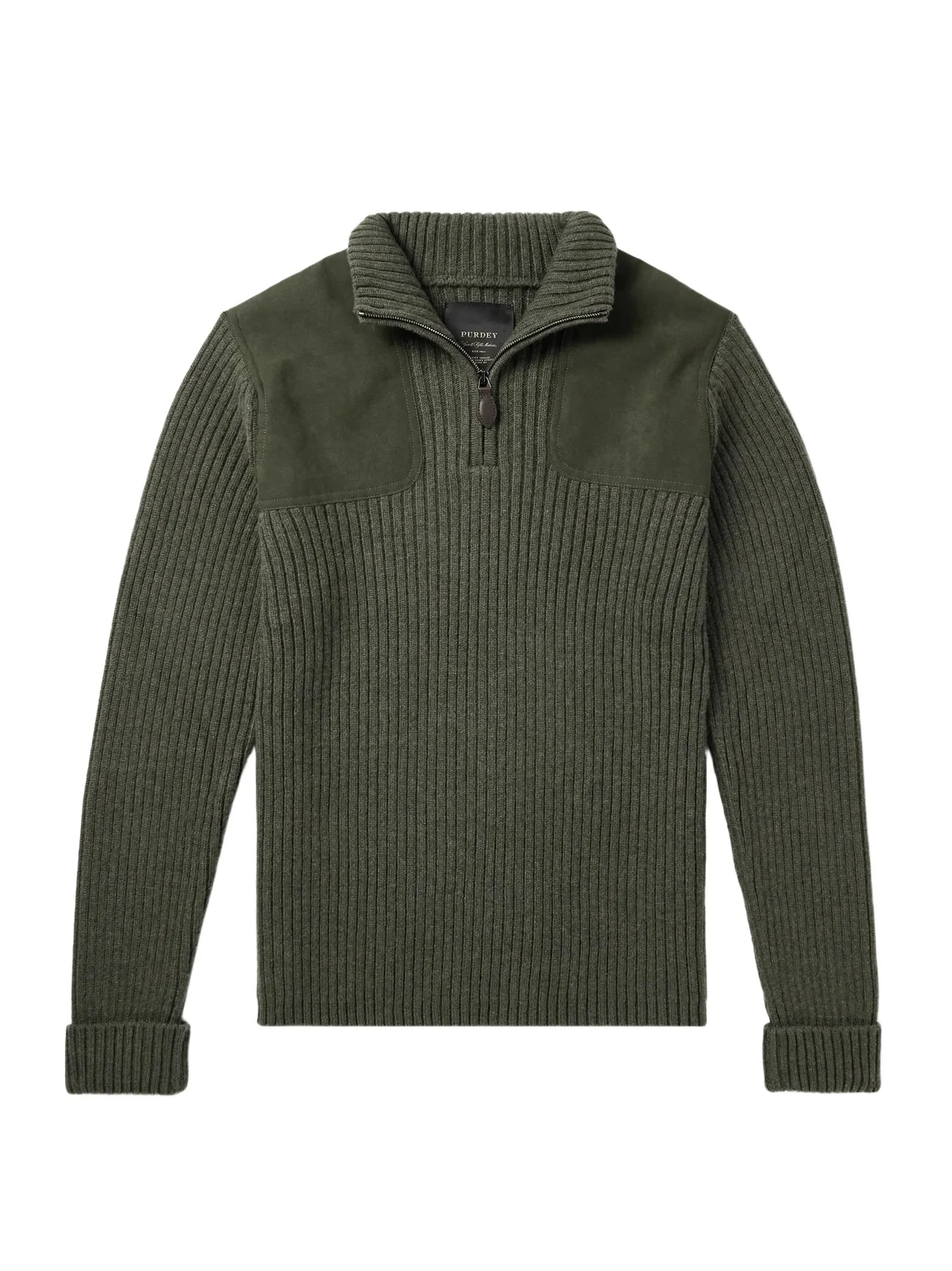 Purdey Commando Suede-Trimmed Ribbed Wool Half-Zip Sweater - Men