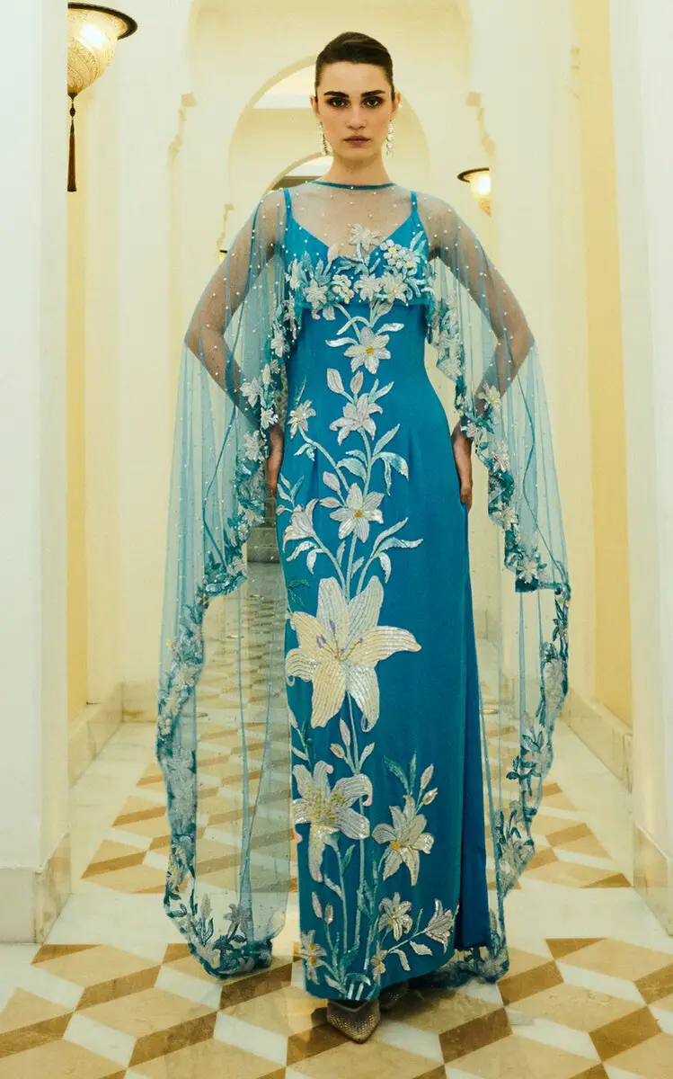 LA FUORI Aqua Lily Garden Emb Embroidered Silk Dress | Thumbnail 2