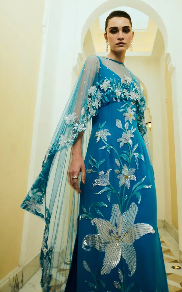 LA FUORI Aqua Lily Garden Emb Embroidered Silk Dress | Thumbnail 11