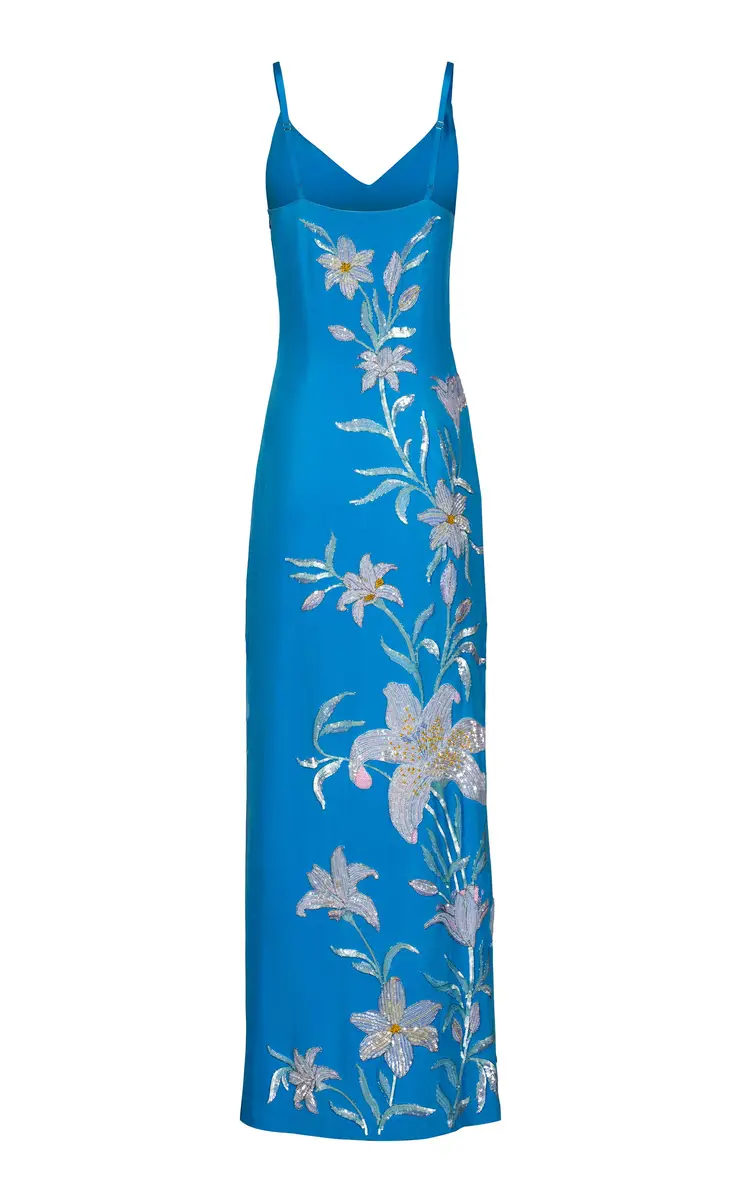 LA FUORI Aqua Lily Garden Emb Embroidered Silk Dress | Thumbnail 9