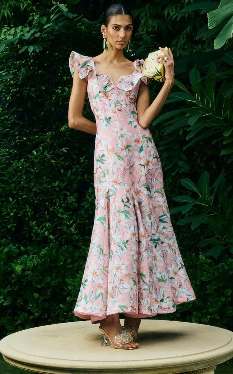 LA FUORI Pink Lily Blossom Linen-Silk Dress | Thumbnail 2