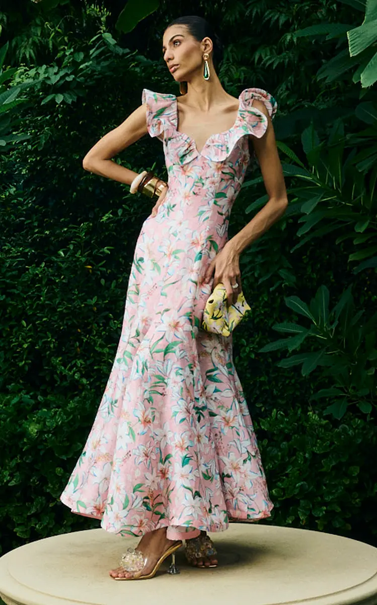 LA FUORI Pink Lily Blossom Linen-Silk Dress | Thumbnail 3