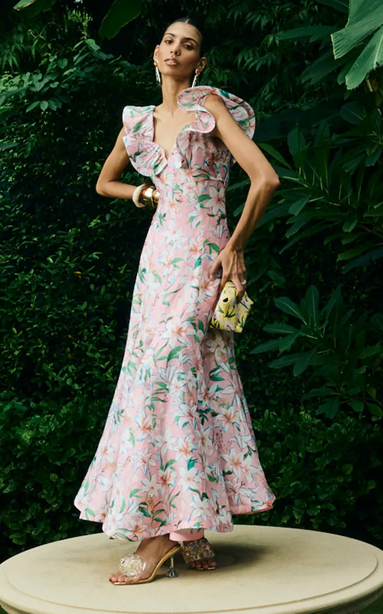 LA FUORI Pink Lily Blossom Linen-Silk Dress | Thumbnail 5