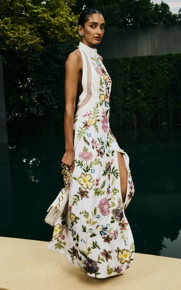 LA FUORI Luminous Flounce Halter Embroidered Silk Gown | Thumbnail 3