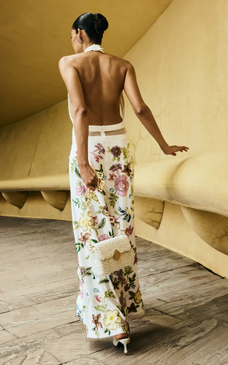LA FUORI Luminous Flounce Halter Embroidered Silk Gown | Thumbnail 5