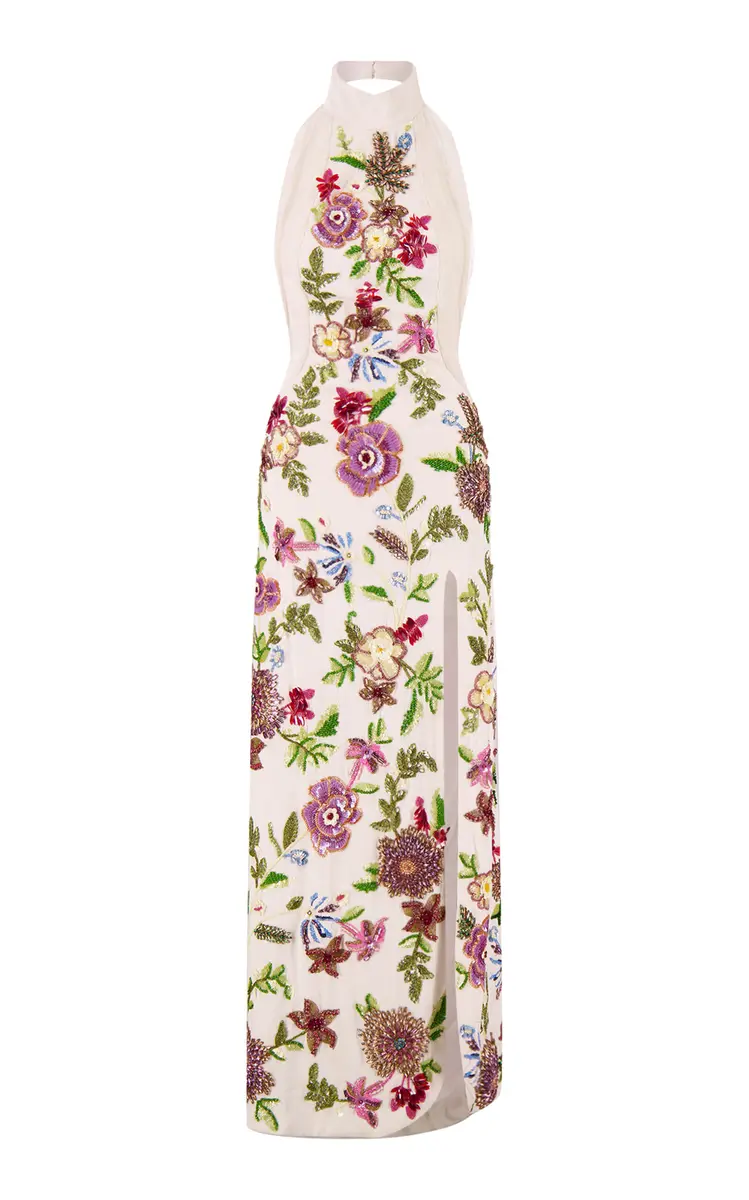 Luminous Flounce Halter Embroidered Silk Gown