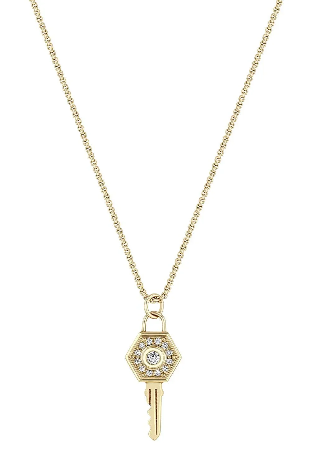 Diamond Hexagon Halo Key Pendant Necklace