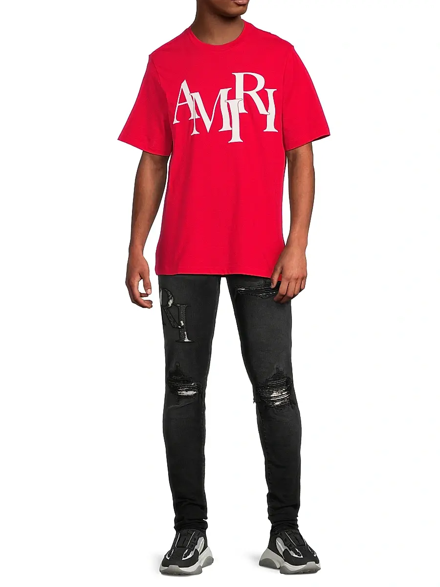 Amiri Men's Staggered Logo Cotton T-Shirt - Red | Thumbnail 2 Amiri Men's Staggered Logo Cotton T-Shirt - Red | Thumbnail 2