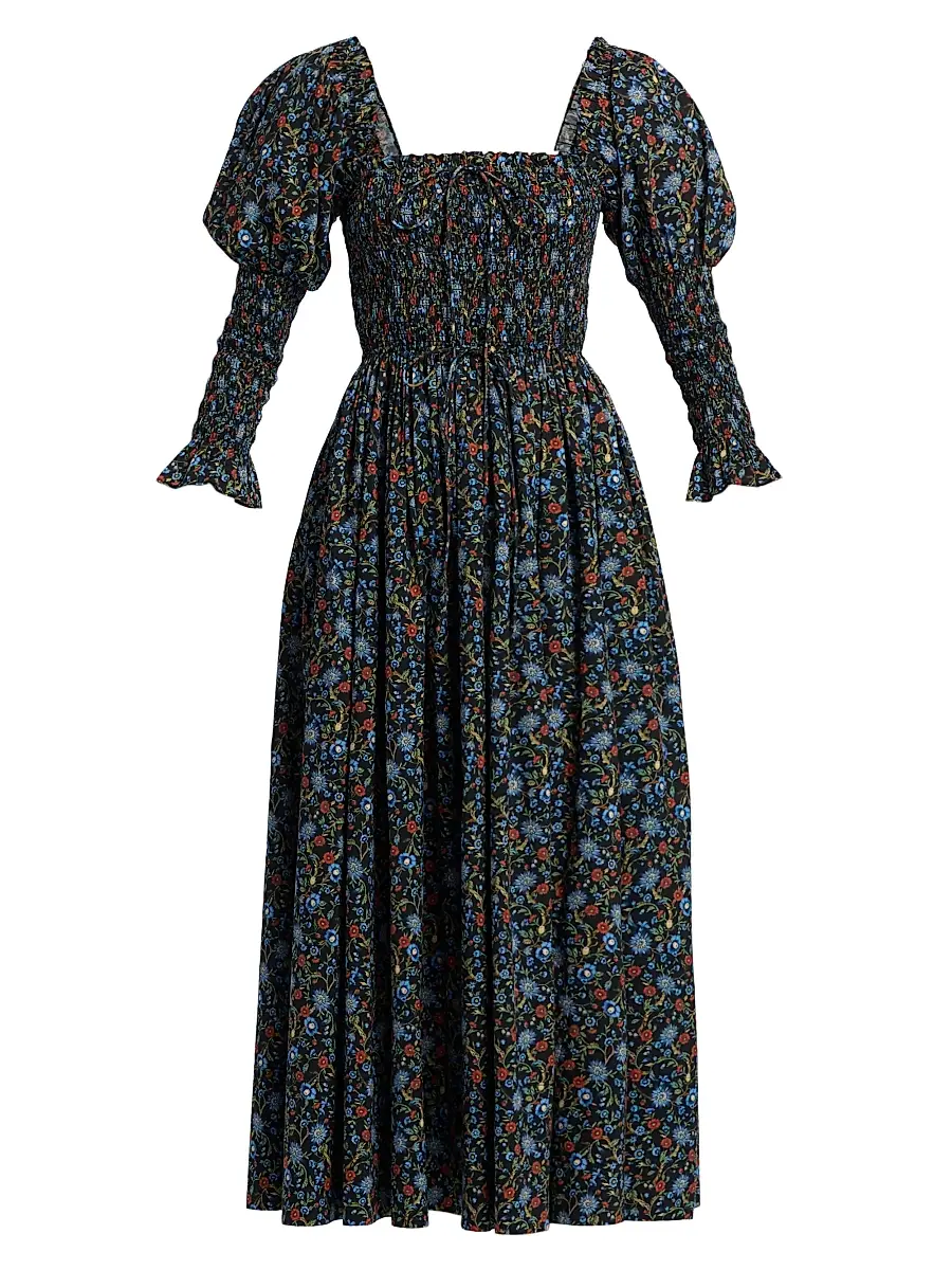 DÔEN Women's Bijou Smocked Floral Cotton Midi-Dress - Noir Prairie De Montagne | Image 1 DÔEN Women's Bijou Smocked Floral Cotton Midi-Dress - Noir Prairie De Montagne | Image 1