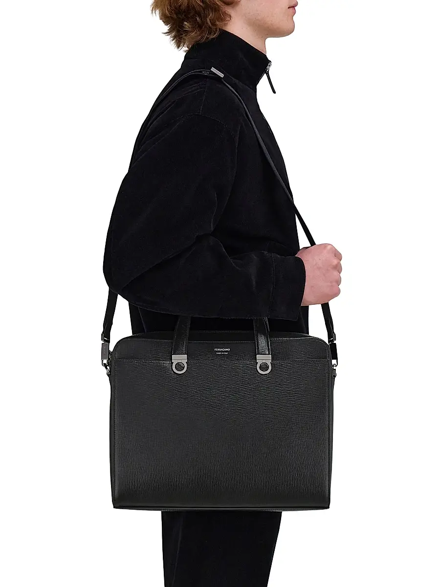 Ferragamo Men's Trading Hammered Leather Briefcase | Thumbnail 2 Ferragamo Men's Trading Hammered Leather Briefcase | Thumbnail 2