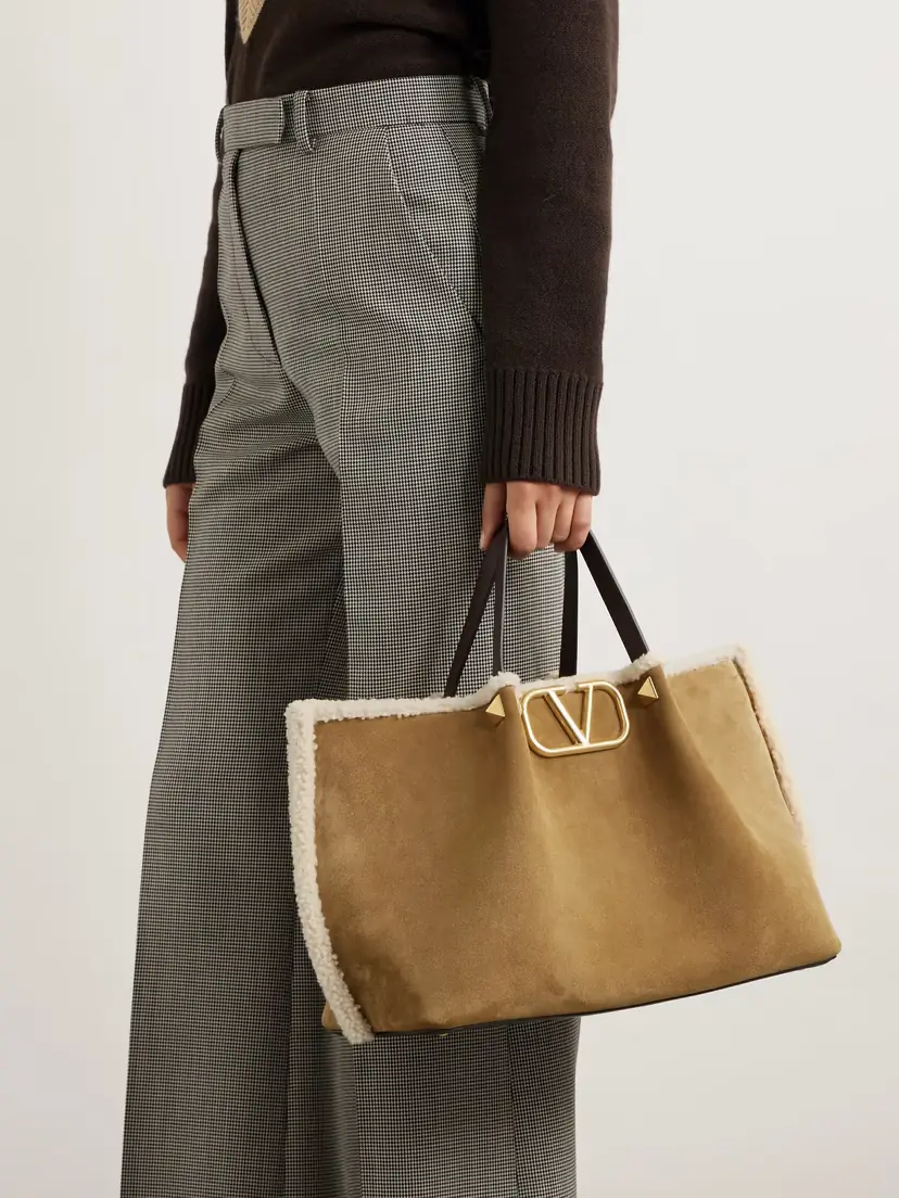 Valentino Garavani Vlogo Medium Leather-trimmed Embellished Suede Shoulder Bag | Thumbnail 2 Valentino Garavani Vlogo Medium Leather-trimmed Embellished Suede Shoulder Bag | Thumbnail 2