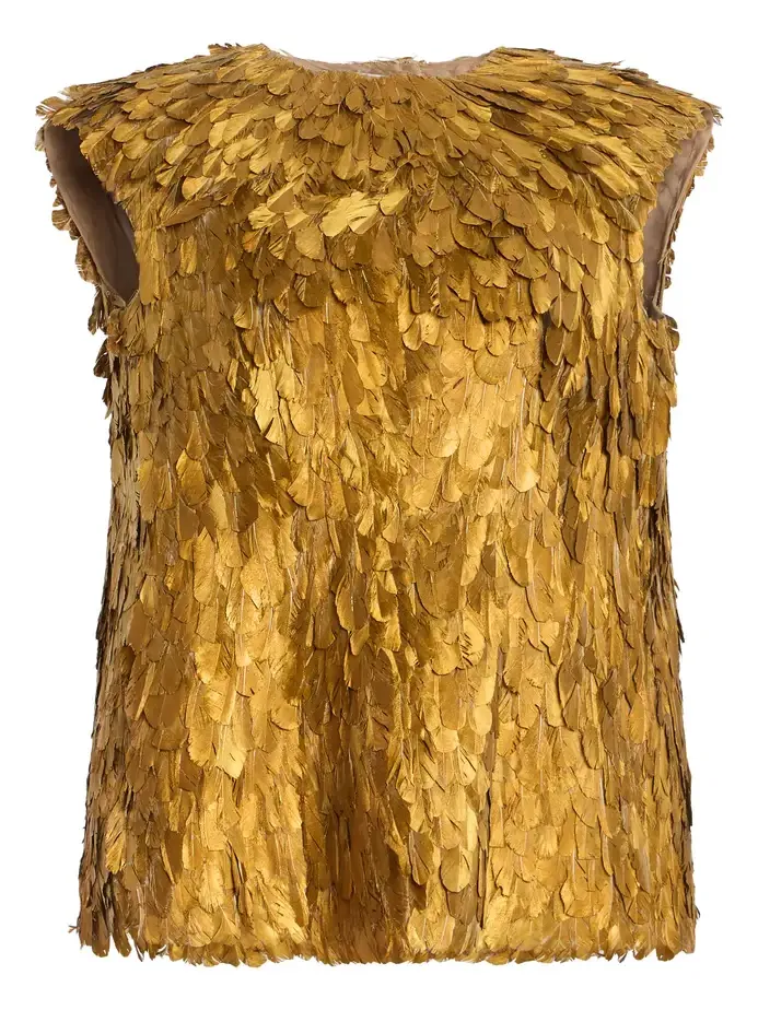 Atelier Prabal Gurung Metallic Hand-Feathered Top