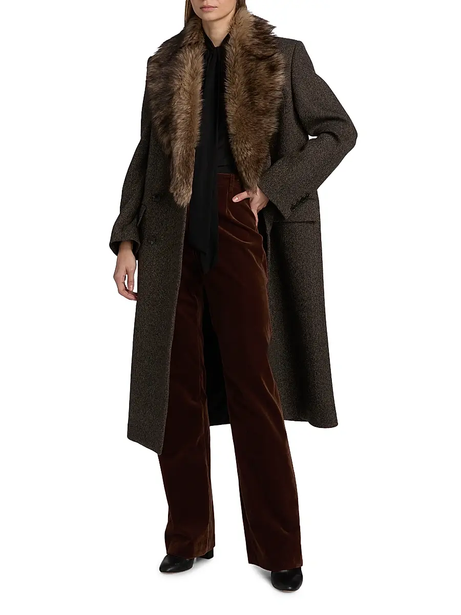 Nili Lotan Women's Edina Wool & Shearling Long Coat - Bark Herringbone | Thumbnail 2 Nili Lotan Women's Edina Wool & Shearling Long Coat - Bark Herringbone | Thumbnail 2