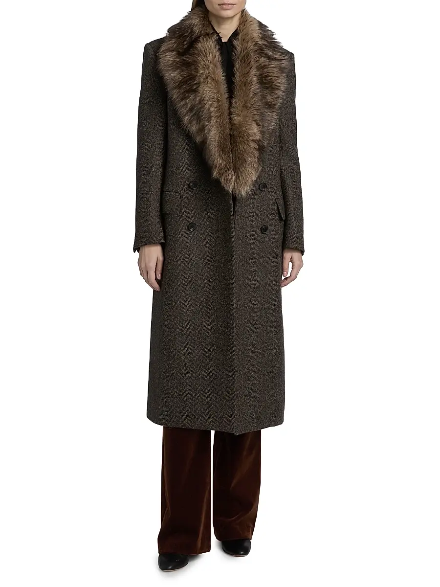 Nili Lotan Women's Edina Wool & Shearling Long Coat - Bark Herringbone | Thumbnail 3 Nili Lotan Women's Edina Wool & Shearling Long Coat - Bark Herringbone | Thumbnail 3