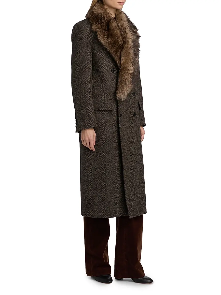 Nili Lotan Women's Edina Wool & Shearling Long Coat - Bark Herringbone | Thumbnail 4 Nili Lotan Women's Edina Wool & Shearling Long Coat - Bark Herringbone | Thumbnail 4