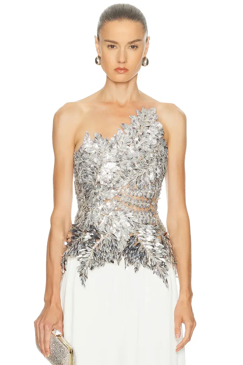 Oscar de la Renta Strapless Fern Embroidered Top