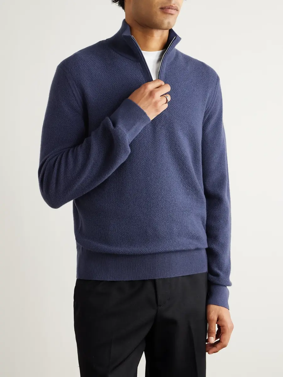 Zegna Oasi Leather-Trimmed Cashmere Half-Zip Sweater - Men | Thumbnail 3