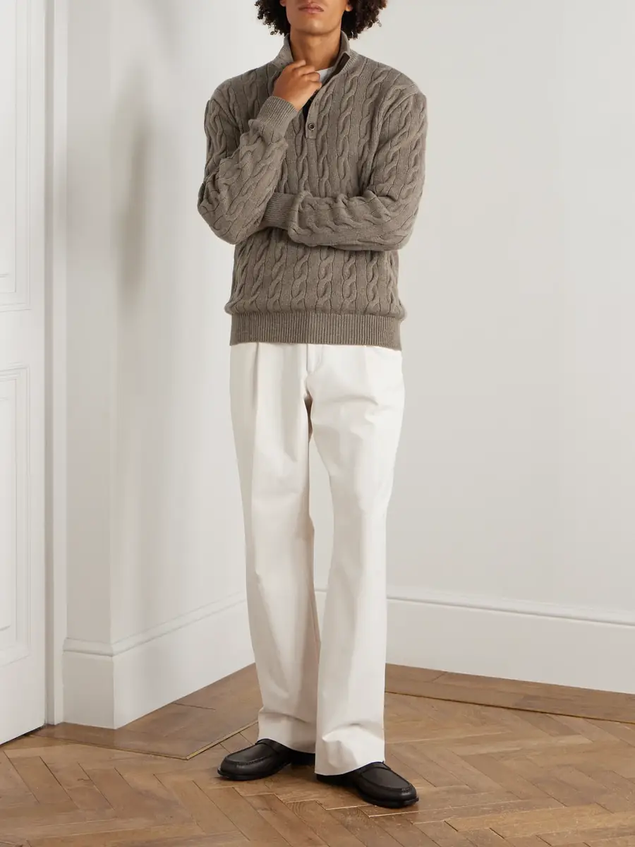 Ralph Lauren Purple Label Nubuck-Trimmed Cable-Knit Cashmere Half-Placket Sweater - Men | Thumbnail 2 Ralph Lauren Purple Label Nubuck-Trimmed Cable-Knit Cashmere Half-Placket Sweater - Men | Thumbnail 2