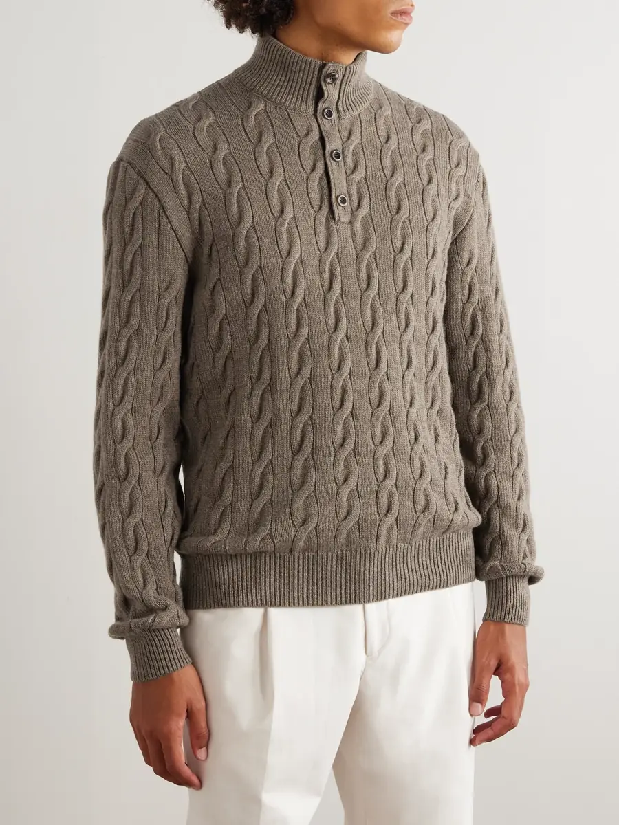 Ralph Lauren Purple Label Nubuck-Trimmed Cable-Knit Cashmere Half-Placket Sweater - Men | Thumbnail 3 Ralph Lauren Purple Label Nubuck-Trimmed Cable-Knit Cashmere Half-Placket Sweater - Men | Thumbnail 3