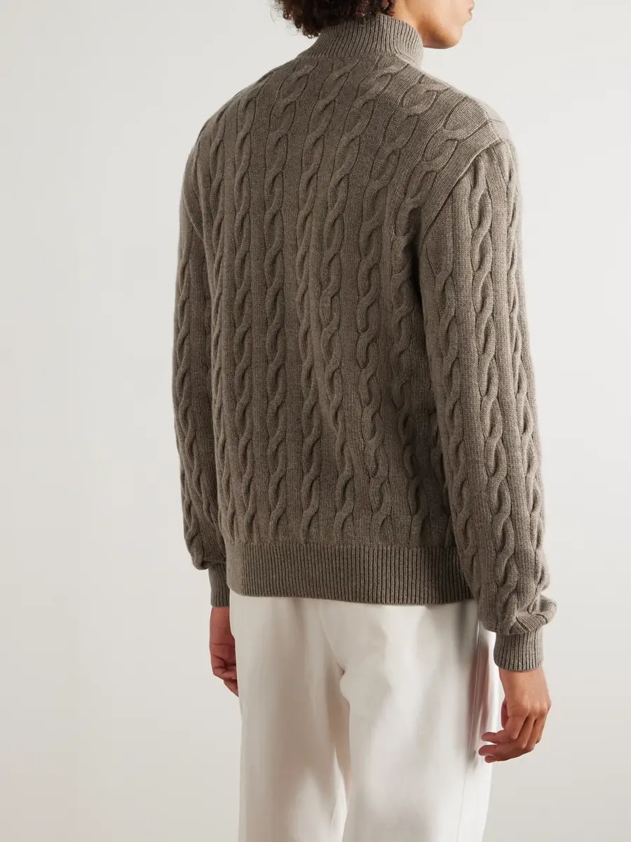 Ralph Lauren Purple Label Nubuck-Trimmed Cable-Knit Cashmere Half-Placket Sweater - Men | Thumbnail 4 Ralph Lauren Purple Label Nubuck-Trimmed Cable-Knit Cashmere Half-Placket Sweater - Men | Thumbnail 4