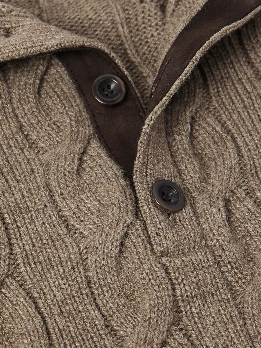 Ralph Lauren Purple Label Nubuck-Trimmed Cable-Knit Cashmere Half-Placket Sweater - Men | Thumbnail 5 Ralph Lauren Purple Label Nubuck-Trimmed Cable-Knit Cashmere Half-Placket Sweater - Men | Thumbnail 5