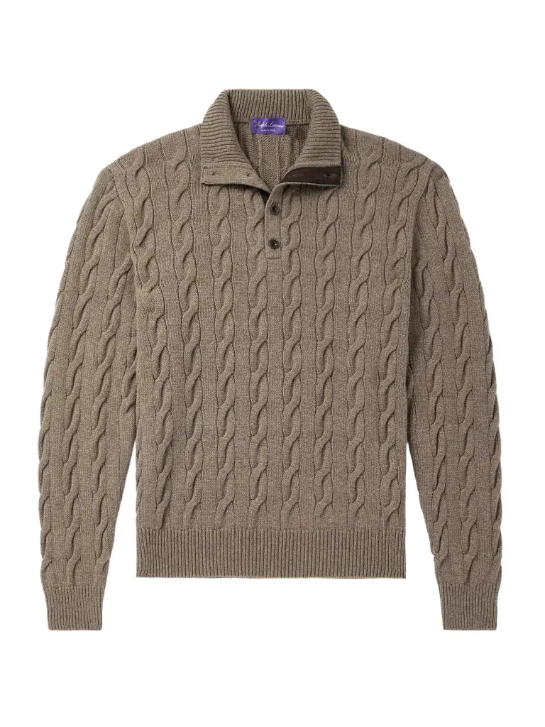 Nubuck-Trimmed Cable-Knit Cashmere Half-Placket Sweater - Men Nubuck-Trimmed Cable-Knit Cashmere Half-Placket Sweater - Men