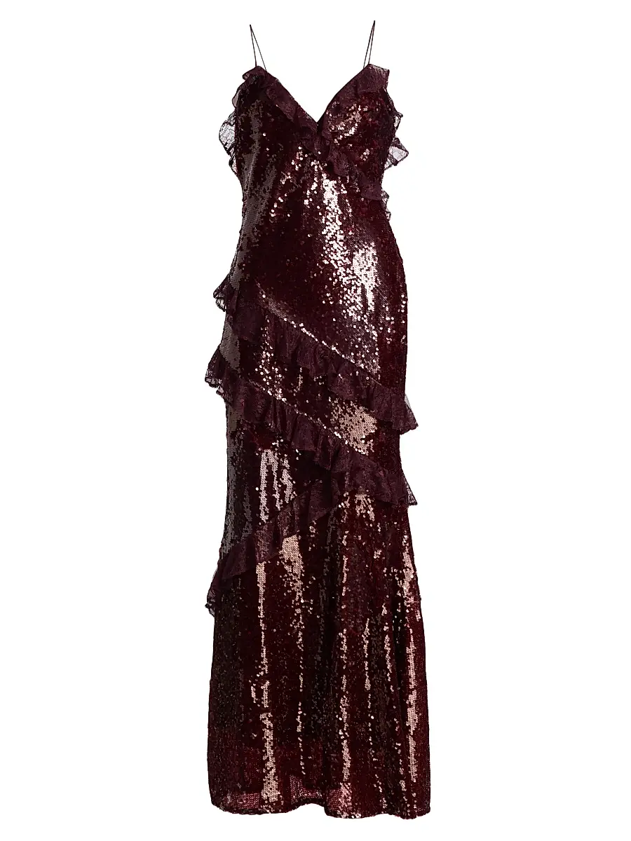 LoveShackFancy Women's Rialto Sequined Ruffled Maxi Dress - Bordeaux | Image 1 LoveShackFancy Women's Rialto Sequined Ruffled Maxi Dress - Bordeaux | Image 1