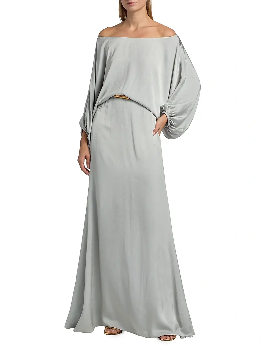 Silvia Tcherassi Women's Lorella Off-the-Shoulder Belted Maxi Dress - Silver | Thumbnail 2 Silvia Tcherassi Women's Lorella Off-the-Shoulder Belted Maxi Dress - Silver | Thumbnail 2