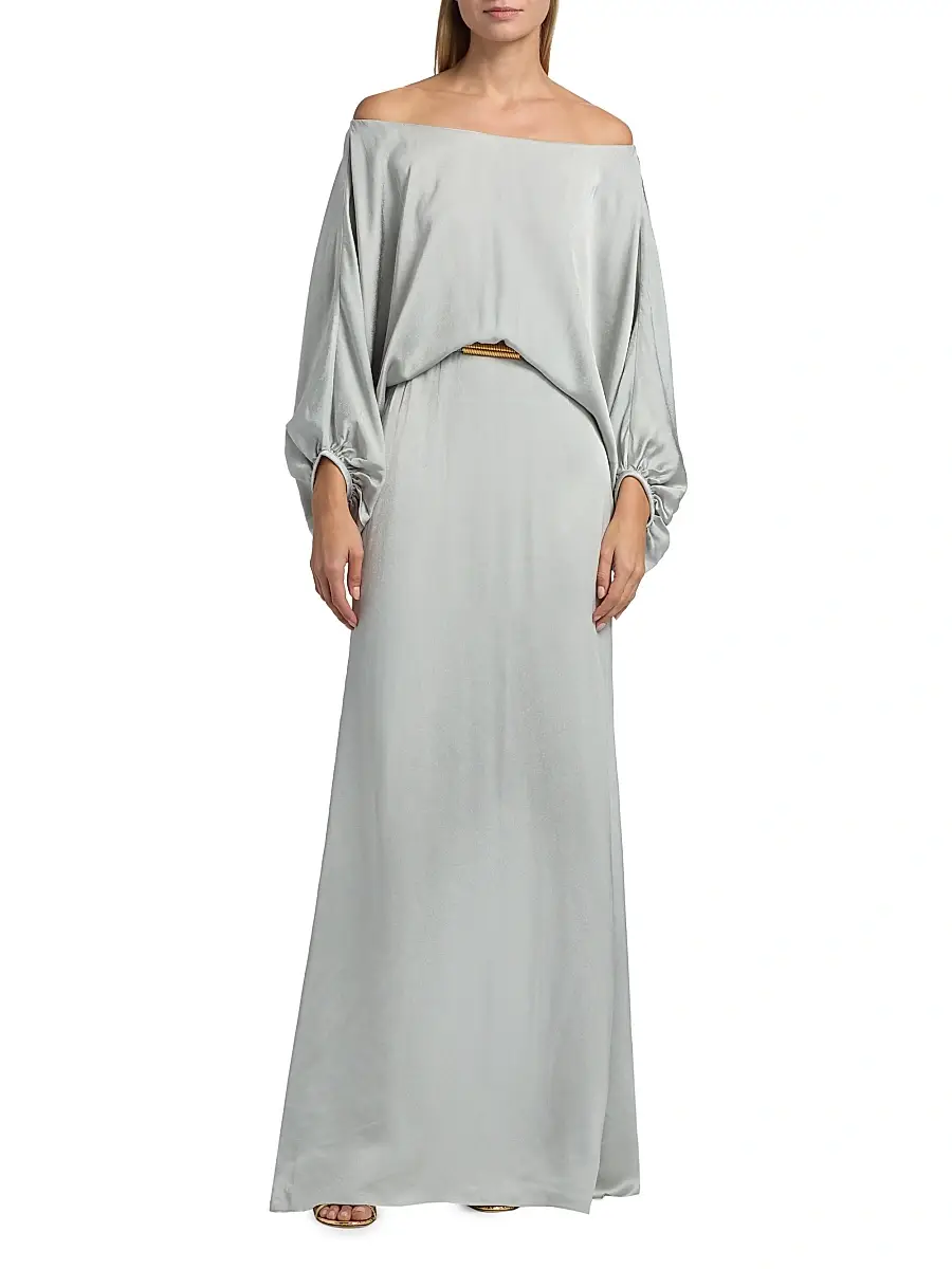 Silvia Tcherassi Women's Lorella Off-the-Shoulder Belted Maxi Dress - Silver | Thumbnail 3 Silvia Tcherassi Women's Lorella Off-the-Shoulder Belted Maxi Dress - Silver | Thumbnail 3