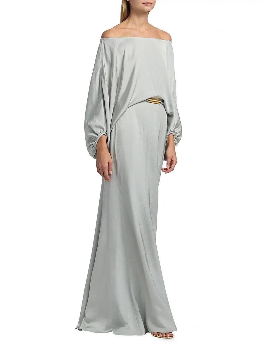 Silvia Tcherassi Women's Lorella Off-the-Shoulder Belted Maxi Dress - Silver | Thumbnail 4 Silvia Tcherassi Women's Lorella Off-the-Shoulder Belted Maxi Dress - Silver | Thumbnail 4