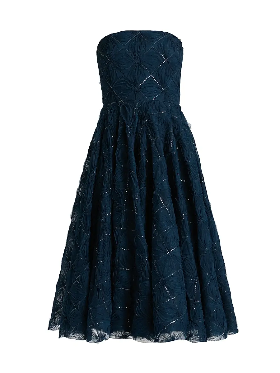 Theia Women's Anna Strapless Tulle Tea-Length Dress - Poseidon | Image 1 Theia Women's Anna Strapless Tulle Tea-Length Dress - Poseidon | Image 1