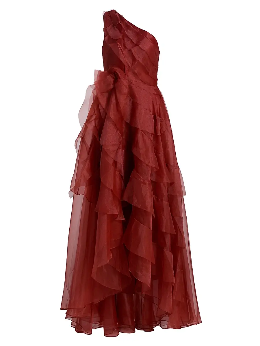 THEIA Women's Daniela Tiered Ruffle High-Low Gown