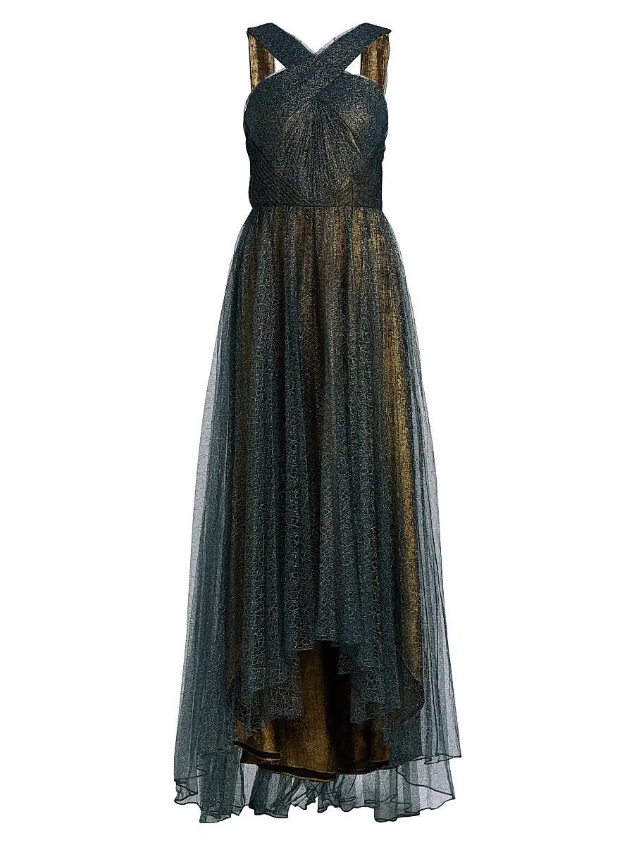 Theia Women's Linda Sunburst Pleated Lace High-Low Gown - Poseidon Gold | Image 1 Theia Women's Linda Sunburst Pleated Lace High-Low Gown - Poseidon Gold | Image 1
