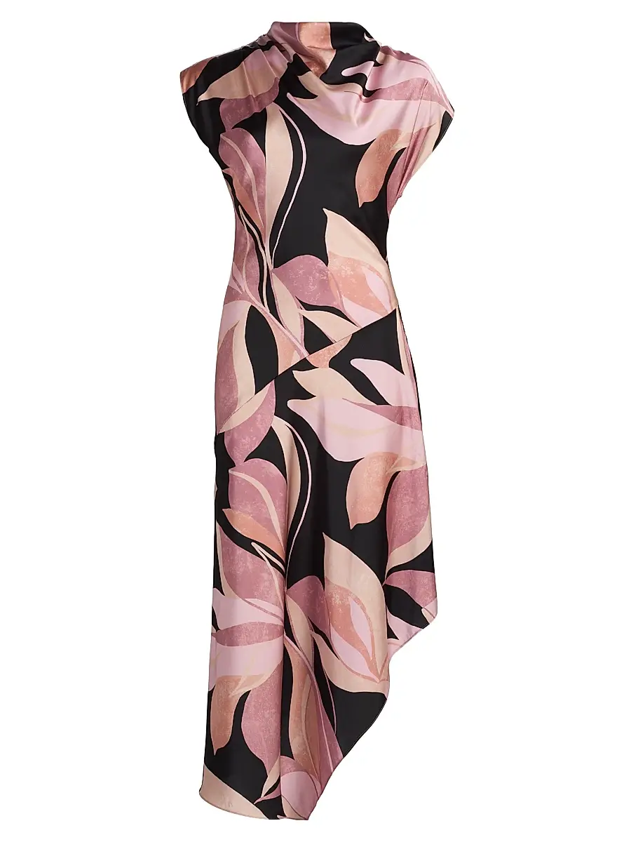 MISA Los Angeles Women's Sally Asymmetric Satin Midi-Dress - Moody Abstract Floral Stn | Image 1 MISA Los Angeles Women's Sally Asymmetric Satin Midi-Dress - Moody Abstract Floral Stn | Image 1