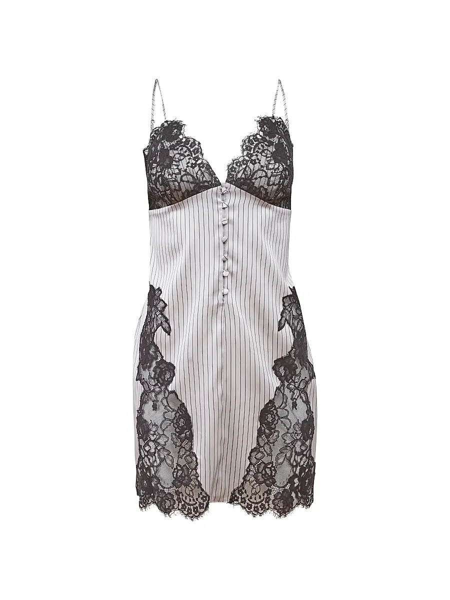 Fleur du Mal Women's Executive Silk & Lace Slip - Ash Pinstripe | Image 1 Fleur du Mal Women's Executive Silk & Lace Slip - Ash Pinstripe | Image 1