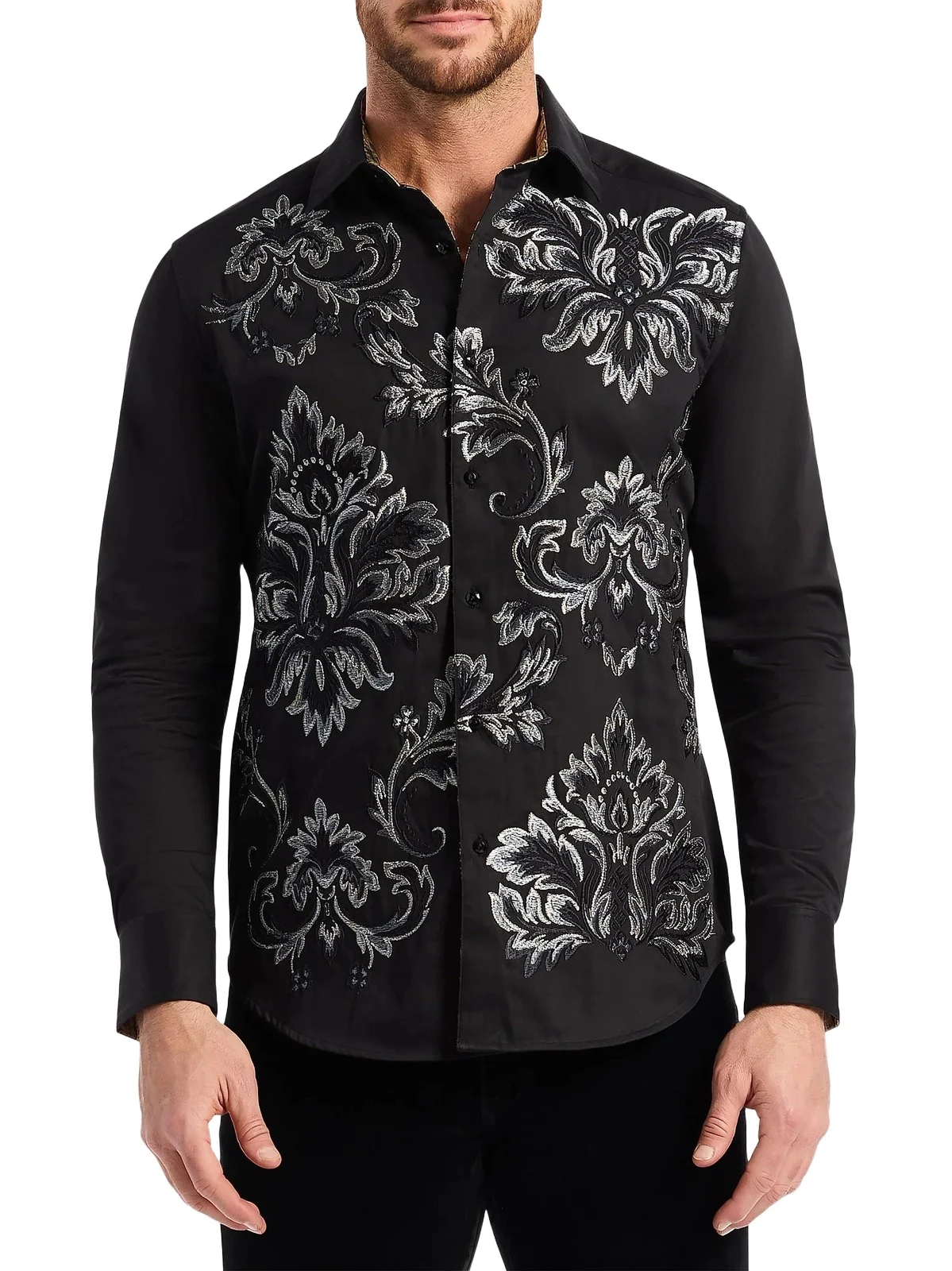 Men's Cheetah Embroidered Damask Button-Front Shirt
