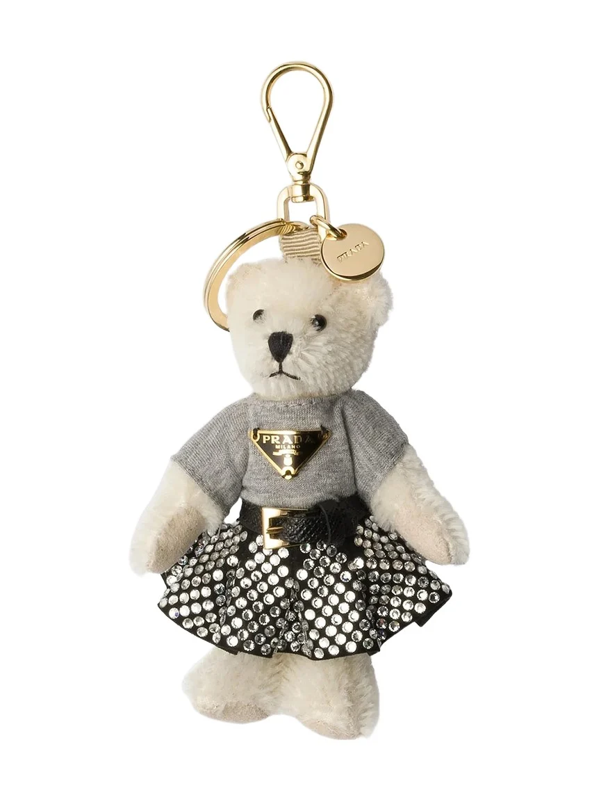 Unisex Teddy Bag Charm with Metal Ring - White