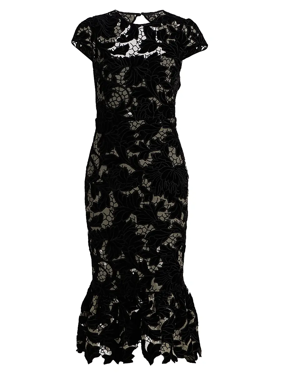Alice + Olivia Women's Clover Velvet Floral Lace Open-Back Midi-Dress - Black | Image 1 Alice + Olivia Women's Clover Velvet Floral Lace Open-Back Midi-Dress - Black | Image 1
